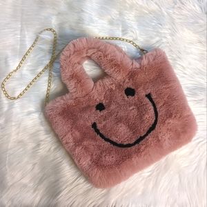 Pink Smiley Face Faux Fur Purse Gold Chain 90s